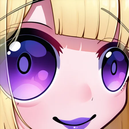 masterpiece, best quality, newest, absurdres, highres, eye focus, close-up, smile, closed mouth, portrait, <lora:StareMeme_illusXLNoobAI_Incrs_v1-000008:1>, 1girl, blonde, bob cut, fennec ears, purple eyes, purple lips