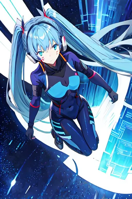 solo, 1girl, solo_focus,
hermit mio, long hair, blue eyes, twintails, very long hair, blue hair, facial mark,, headphones, gloves, bodysuit, covered navel, pilot suit,