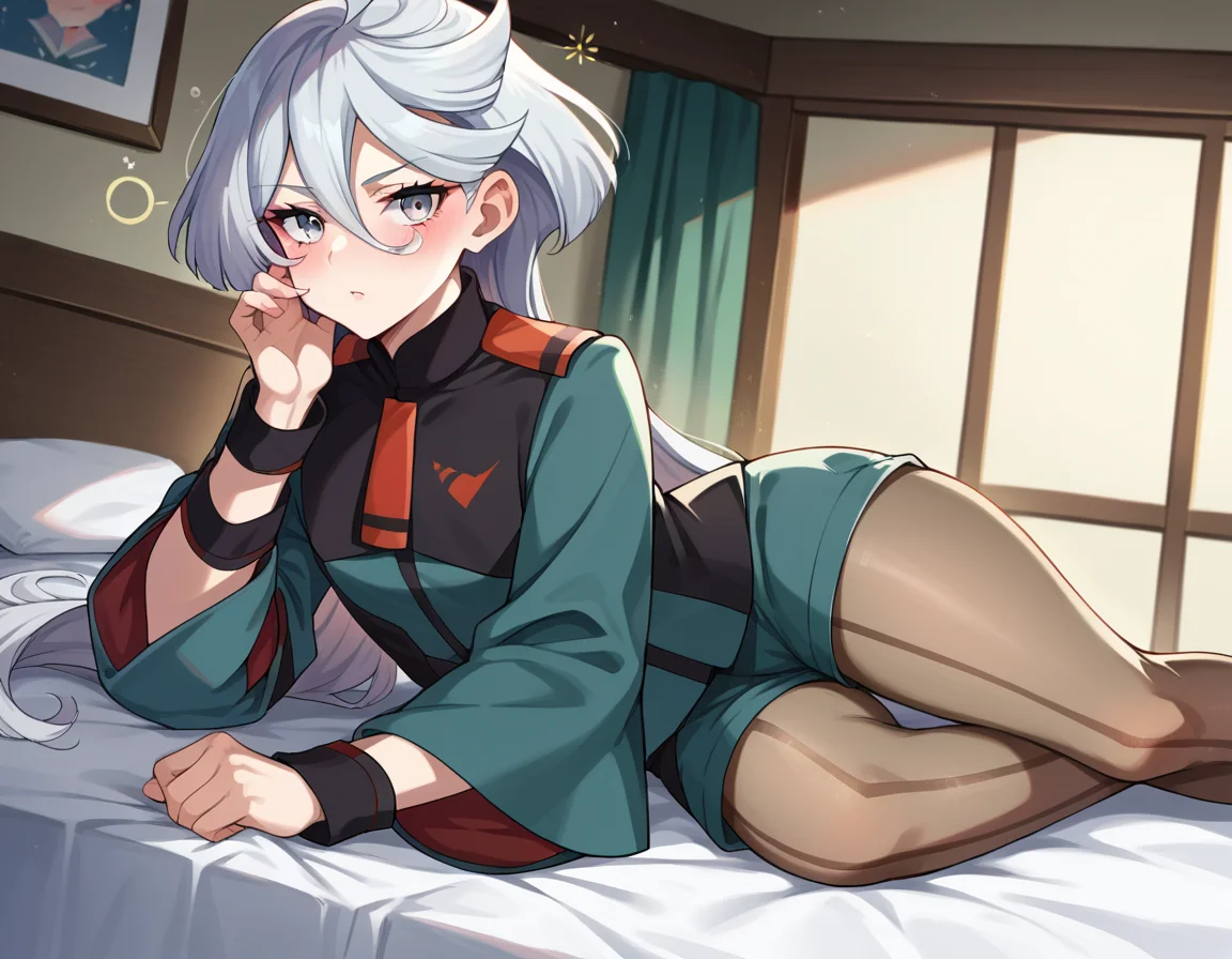 score_9, score_8_up, score_7_up, source_anime,
miorinerembran, <lora:miorine-rembran-ponyxl-lora-nochekaiser:1>,
miorine rembran, ahoge, grey eyes, grey hair, hair between eyes, long hair, swept bangs,
asticassia school uniform, front-seamed legwear, green jacket, green shorts, jacket, long sleeves, pantyhose, pantyhose under shorts, school uniform, seamed legwear, shorts, shoulder boards, swept bangs, wide sleeves,
indoors, bed, bed room, on side, blush, drunk,
looking at viewer, dutch angle, cowboy shot,