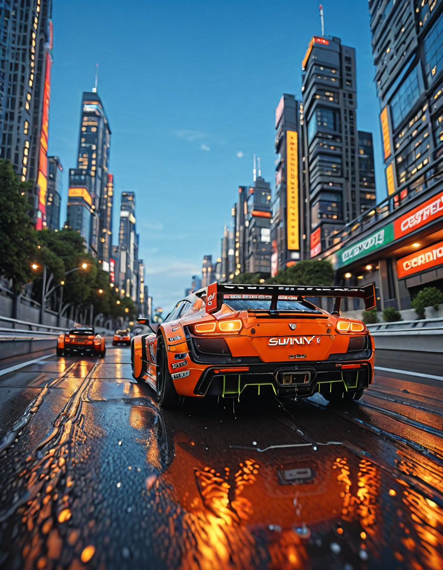 <lora:INWYTK_04illus:1> inwytk04, cars racing, cyberpunk street, cyberpunk cityscape, wet, vegetation, lights, day, sunny, blue sky, design buildings, cyberpunk cars, from low angle, car tail,