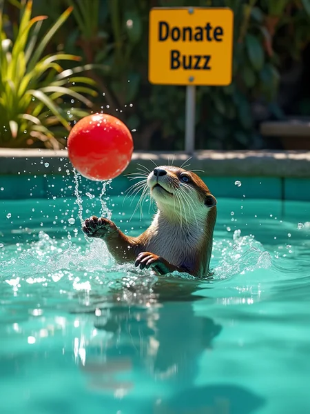 Playful otter splashing in a vibrant turquoise pool, tossing a bright red rubber ball. Sunlight gleams off the water, creating sparkling highlights. Lush green plants surround the pool's edge. A bold yellow placard with crisp black text reading "Donate Buzz" stands prominently beside the pool. Vivid colors, high contrast, sharp details, joyful atmosphere