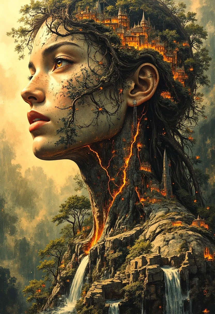 A tight head-and-shoulders portrait of a woman whose form is an extension of the earth itself. Her skin is textured like weathered stone and rich soil, with deep glowing fissures along her collarbone and neck, radiating soft golden light. Embedded veins of molten rock glow faintly beneath the surface. Her eyes are polished amber with flecks of gold and deep mossy green. Small trees and patches of dense greenery grow along her cheekbones and jawline, their leaves mist-covered and softly illuminated. Tiny glowing bioluminescent mushrooms cluster at the base of her throat. Her hair is composed of twisted vines, tangled roots, and blooming wildflowers, interwoven with fallen leaves and delicate petals. As it flows downward, it transforms into a dense, sprawling forest covering her shoulders, where miniature treetop villages are nestled among the branches. Small lanterns hang between the trees, casting a soft, golden glow. Her shoulders and collarbones form rolling hills, with small waterfalls cascading down her form, creating mist that drifts gently through the air. Clear rivers carve through the terrain, their surfaces reflecting warm sunlight. Tiny stone bridges arch over winding streams. Along the slopes of her shoulders, ancient stone ruins, partially covered in ivy, rest in quiet decay. The background is softly blurred, showing golden sunlight.