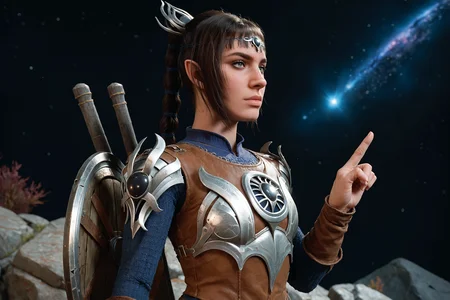 5h4rt, cl3r1c, score_9, score_8_up, score_7_up, 1girl, solo, weapon, sword, shield, from side, index finger up, space station, outer space, zero gravity, <lora:_5h4rt:1.0>