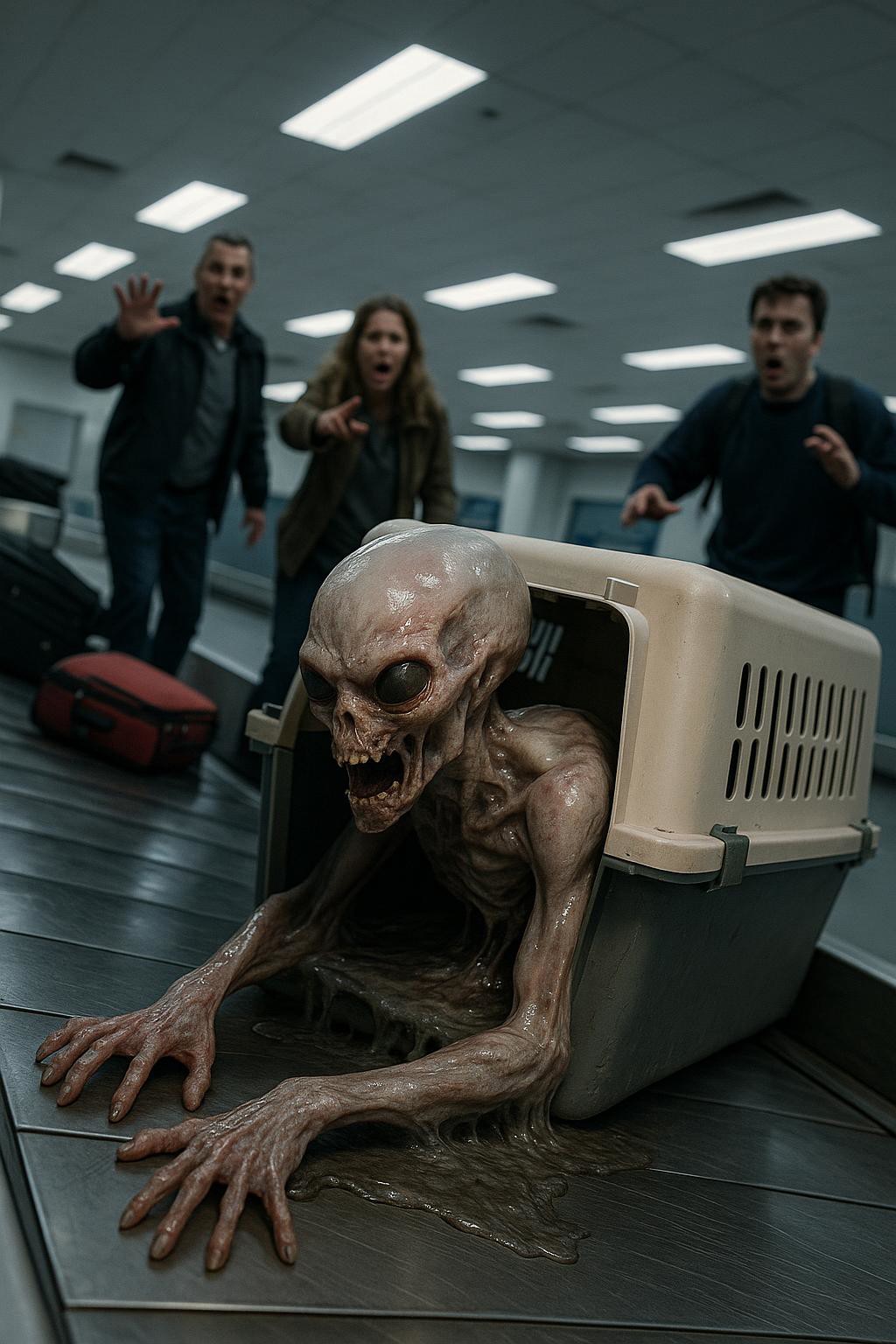 ;;; Alien in Crate at Airport - Photorealistic Horror Spec
(define alien-crate-horror
  '((camera
      (body nikon-z9)
      (lens nikkor-z-24-70mm-f-2-8-s)
      (settings
        (aperture f-2-8)
        (iso 400)
        (shutter 1-160)
        (angle low-dutch)
        (focus depth-of-field-subject-sharp pedestrians-soft))
    
    (subject
      (type humanoid-alien)
      (appearance slick-translucent-skin elongated-limbs)
      (position wedged-in-travel-pet-crate)
      (mutation limbs-melting-blending-into-crate crawling-motion)
      (expression twisted-in-pain unsettling-body-angles))
    
    (setting
      (environment airport-package-area)
      (background conveyor-belts scattered-luggage sterile-walls)
      (pedestrians
        (reaction horror)
        (gesture recoiling-pointing-faces-distorted)))
    
    (lighting
      (type bright-airport-studio)
      (sources overhead-led-panels ambient-reflections)
      (effect stark-shadows specular-highlights eerie-glow))
    
    (mood
      (atmosphere horrifying-creepy-unsettling)
      (style photorealistic-candid-documentary))
    
    (technical
      (render ultra-high-resolution)
      (cgi photoreal-textures subsurface-scattering)
      (palette cold-grays sterile-blues flesh-tones)
      (postprocess motion-blur subtle-vignette)))
)
