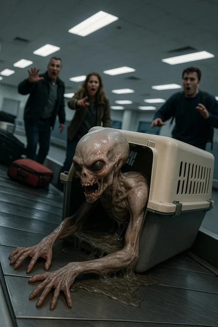 ;;; Alien in Crate at Airport - Photorealistic Horror Spec
(define alien-crate-horror
'((camera
(body nikon-z9)
(lens nikkor-z-24-70mm-f-2-8-s)
(settings
(aperture f-2-8)
(iso 400)
(shutter 1-160)
(angle low-dutch)
(focus depth-of-field-subject-sharp pedestrians-soft))
(subject
(type humanoid-alien)
(appearance slick-translucent-skin elongated-limbs)
(position wedged-in-travel-pet-crate)
(mutation limbs-melting-blending-into-crate crawling-motion)
(expression twisted-in-pain unsettling-body-angles))
(setting
(environment airport-package-area)
(background conveyor-belts scattered-luggage sterile-walls)
(pedestrians
(reaction horror)
(gesture recoiling-pointing-faces-distorted)))
(lighting
(type bright-airport-studio)
(sources overhead-led-panels ambient-reflections)
(effect stark-shadows specular-highlights eerie-glow))
(mood
(atmosphere horrifying-creepy-unsettling)
(style photorealistic-candid-documentary))
(technical
(render ultra-high-resolution)
(cgi photoreal-textures subsurface-scattering)
(palette cold-grays sterile-blues flesh-tones)
(postprocess motion-blur subtle-vignette)))
)