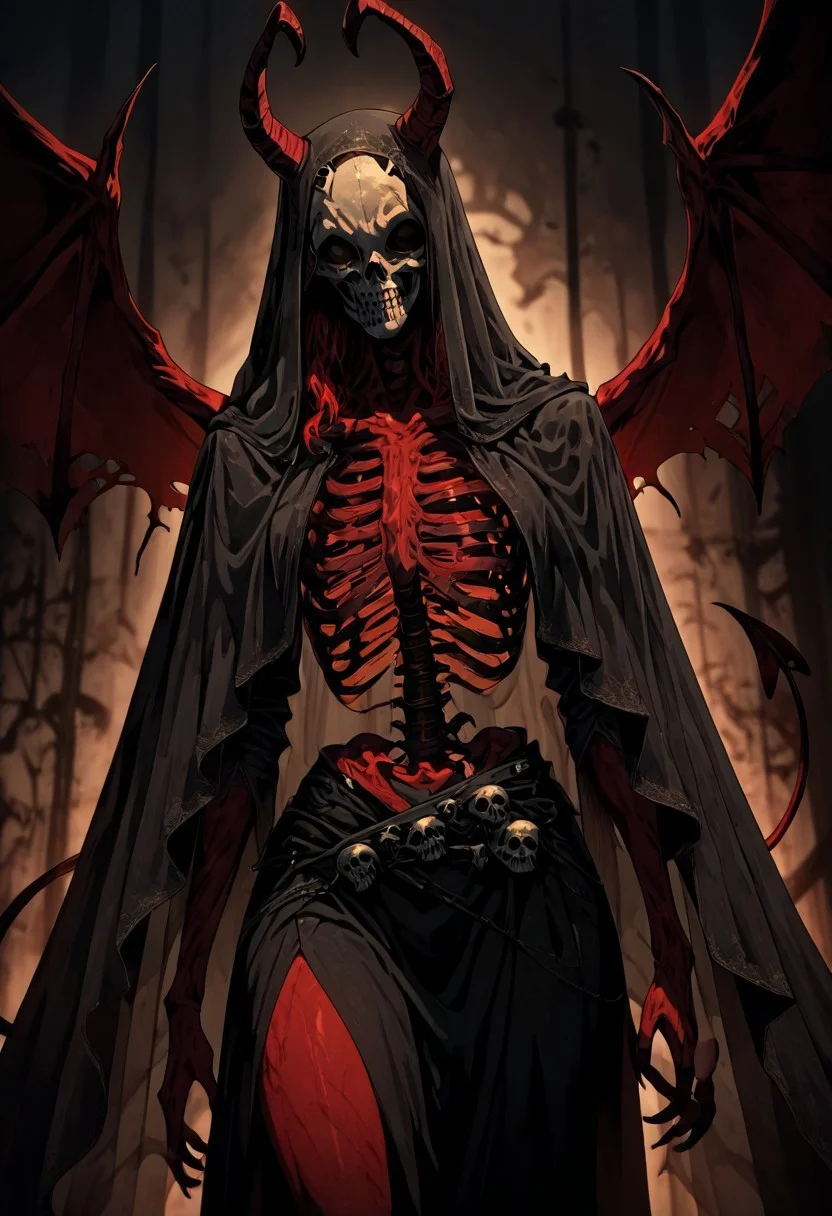 masterpiece, best quality, newest, absurdres, highres, GOTAV1.0, 1girl, red skin, red colored skin, demon girl, succubus, demon horns, horns, demon wings, demon tail, wings, horror (theme), monster girl, skull, skull mask, bones, skeleton, veil, veiled face, mask,