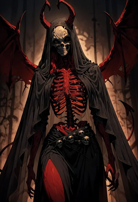 masterpiece, best quality, newest, absurdres, highres, GOTAV1.0, 1girl, red skin, red colored skin, demon girl, succubus, demon horns, horns, demon wings, demon tail, wings, horror (theme), monster girl, skull, skull mask, bones, skeleton, veil, veiled face, mask,