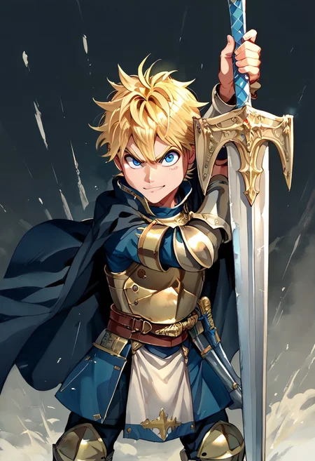 score_9, score_8_up, score_7_up, 1boy, solo, cute boy, young, blonde hair, blue eyes, angry smile, cape, breastplate, pauldrons, bracers, codpiece, loincloth, knight boy, holding sword, high guard sword parry stance