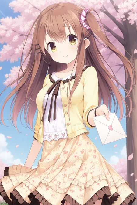 masterpiece,best quality,amazing quality,highres,scenery,newest,1girl,official style,sena, brown hair, hair ornament, long hair, hairclip, yellow eyes, bangs, one side up, hair between eyes,sena daily, dress, hairclip, scrunchie, floral print, hair scrunchie, collarbone, yellow cardigan,<lora:koikake-sena-V2:1>,outdoors,smile,looking at viewer, upper body,cherry blossoms,sunlight shadow,from below,love letter,holding letter,incoming letter,(hand on own ear), wind,(falling petals:1.2),floating hair,