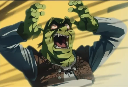 score_9,score_8_up,score_7_up,rating_safe,kaibanodef, open mouth, upper body, teeth, evil laugh,crazy eyes, parody,1boy,solo,shrek, green skin