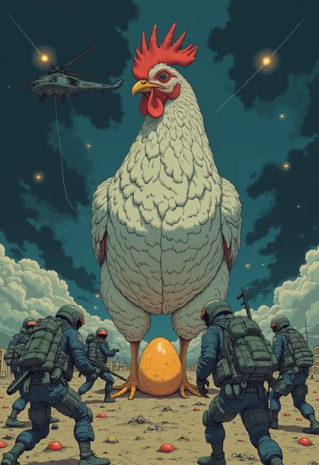 In a surreal nocturnal setting, a colossal hen towers over a group of heavily armed soldiers, its presence both majestic and ominous. The hen, illuminated by the glow of the full moon, has just laid a massive egg on the barren battlefield. Soldiers cautiously surround the scene, weapons drawn, as a helicopter hovers overhead, its searchlights piercing through the smoky, chaotic background. This artwork juxtaposes the mundane and the extraordinary, symbolizing nature's dominance amidst human conflict.