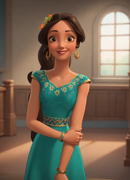 <lora:ElenaPony1.0:0.9>1girl, brown hair, solo, long hair, hoop earrings, hair flower, brown eyes, lips, smile, makeup, bracelet, ponytail, score_9, score_8_up, score_7_up, score_6_up, score_5_up, score_4_up, looking at viewer, cowboy shot,green dress, indoors, holding own arm,