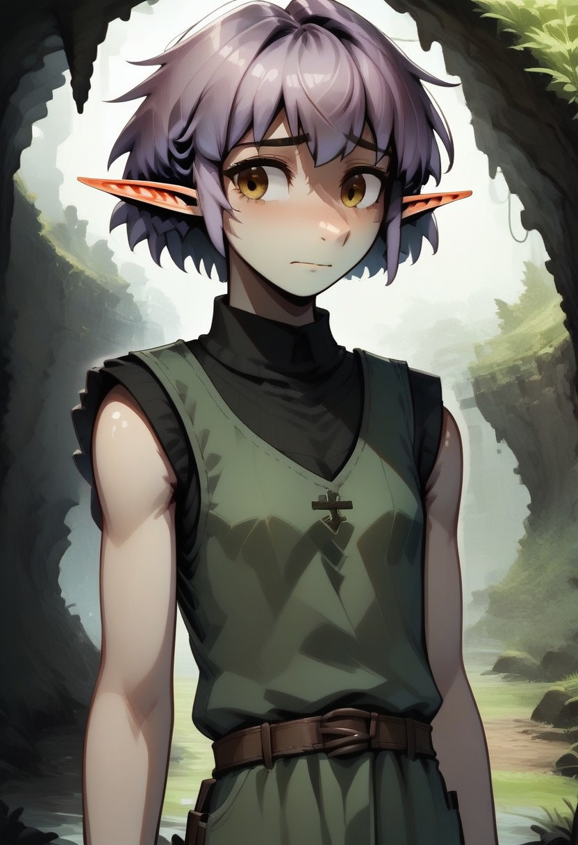 Parnea, 1 person, solo, pointy ears, short hair, hazel eyes, lilac hair, green vest, black undershirt, turtleneck collar,
Frowning, worried,
organic cavern background,
Medieval style, 
Smooth colors, clean lines, high quality, best quality, masterpiece, 3/4 view, score: 9, score: 8 up, rating: safe, source: semi-realistic,