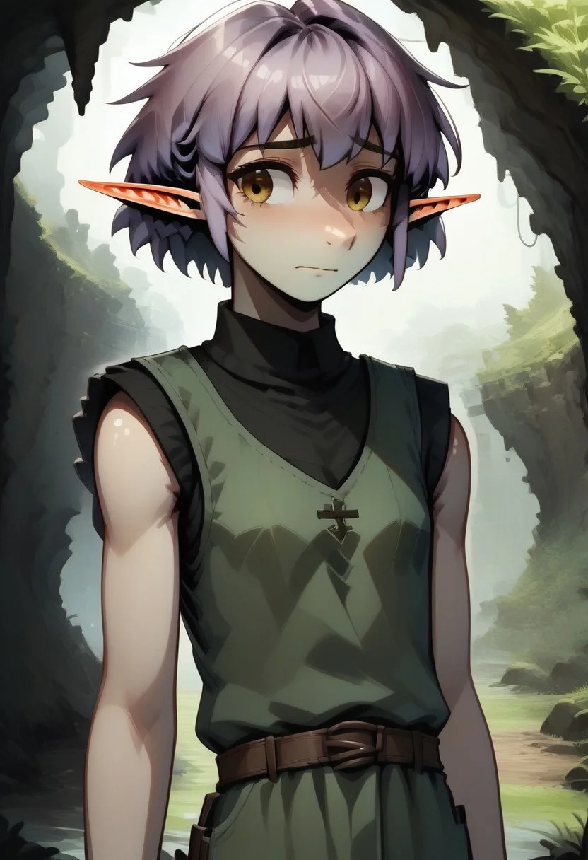 Parnea, 1 person, solo, pointy ears, short hair, hazel eyes, lilac hair, green vest, black undershirt, turtleneck collar,
Frowning, worried,
organic cavern background,
Medieval style,
Smooth colors, clean lines, high quality, best quality, masterpiece, 3/4 view, score: 9, score: 8 up, rating: safe, source: semi-realistic,