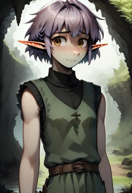 Parnea, 1 person, solo, pointy ears, short hair, hazel eyes, lilac hair, green vest, black undershirt, turtleneck collar,
Frowning, worried,
organic cavern background,
Medieval style,
Smooth colors, clean lines, high quality, best quality, masterpiece, 3/4 view, score: 9, score: 8 up, rating: safe, source: semi-realistic,