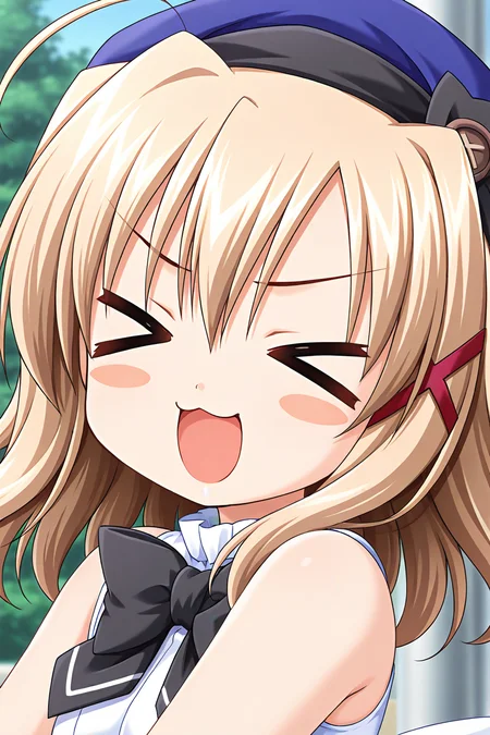masterpiece, best quality, absurdres, official art, official style, general BREAK <lora:komatsuasuka_IL_v1-2:0.7>, komatsu asuka, 1girl, solo, light brown hair, long hair, hair between eyes, messy hair, x hair ornament, school uniform, beret, blue headwear, hat ribbon, black ribbon, sleeveless shirt, frilled shirt collar, bare arms, black bowtie, white sleeveless, upper body, close-up, portrait, outdoors, day,
blush, blissful, blush stickers, chibi, closed eyes, comical, > <, facing viewer, open mouth, parody, smile, v-shaped eyebrows, x3, xd
