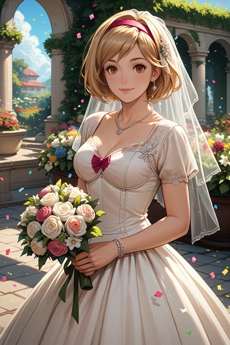 score_9, score_8_up, score_7_up,
<lora:GFGita:0.8>
GFGita, 1girl, blonde hair, brown eyes, short hair, hairband, looking at viewer, garden, wedding dress, necklace, smile, bouquet, day, confetti, cowboy shot, standing
