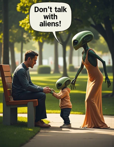 hyperrealistic image , to the left is a sad man sitting on a park bench , to the right is an alien woman dragging her son alien boy away from man , woman saying in speech bubble "Don't talk with aliens!", <lora:flux\flux_realism_lora.safetensors:0.71:0.71> <lora:flux\detailer_flux_v1.safetensors:0.5:0.5> <lora:flux\aidmaImageUpgrader-FLUX-V0.1.safetensors:0.5:0.5>
