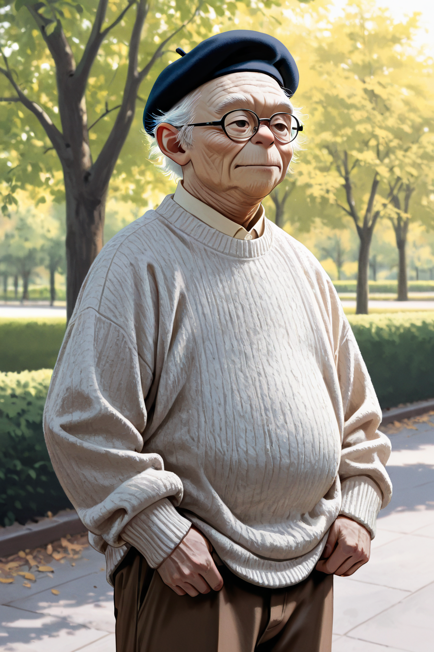 8K,absurdres,very aesthetic,masterpiece,highly_detailed,best_quality,newest,solo,<lora:Yoda_ILLUSTRIOUS_Star_Wars_Character:1>,1boy,old man,receding hairline,white hair,looking afar,sweater,beret,brown pants,glasses,park,slight smile,