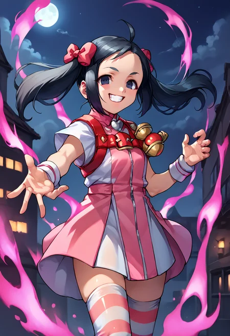score_9, score_8_up, score_7_up, source_anime BREAK 1girl, solo, justice_momo, <lora:Dark_Smoky_Aura:0.8> SmokeyAura, aura, smoke, short dress, wrist cuffs, striped thighhighs, black hair, ahoge, twintails, hair bow, black eyes, (shaded face:0.5), looking at you, evil smile, grin, open mouth, night, outdoor <lora:justice_momo:1>