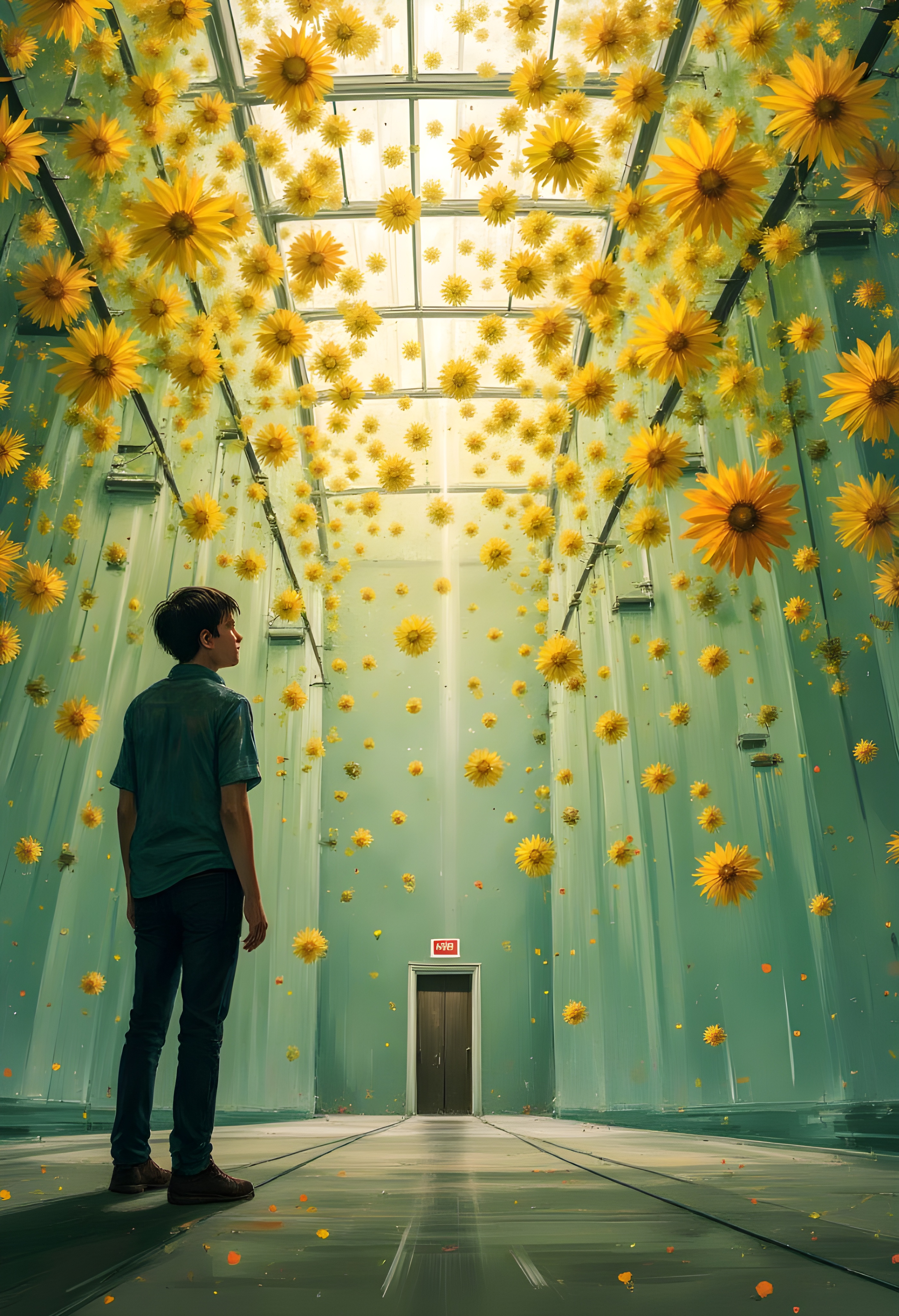 cinna flow, surreal fine art photography, thousands of floating yellow and mint green flowers suspended from the ceiling, ambient lighting, minimalist gallery, one person gazing upward in awe, creating a shallow depth of field and hyperrealistic detail. Very detailed, vibrant colors