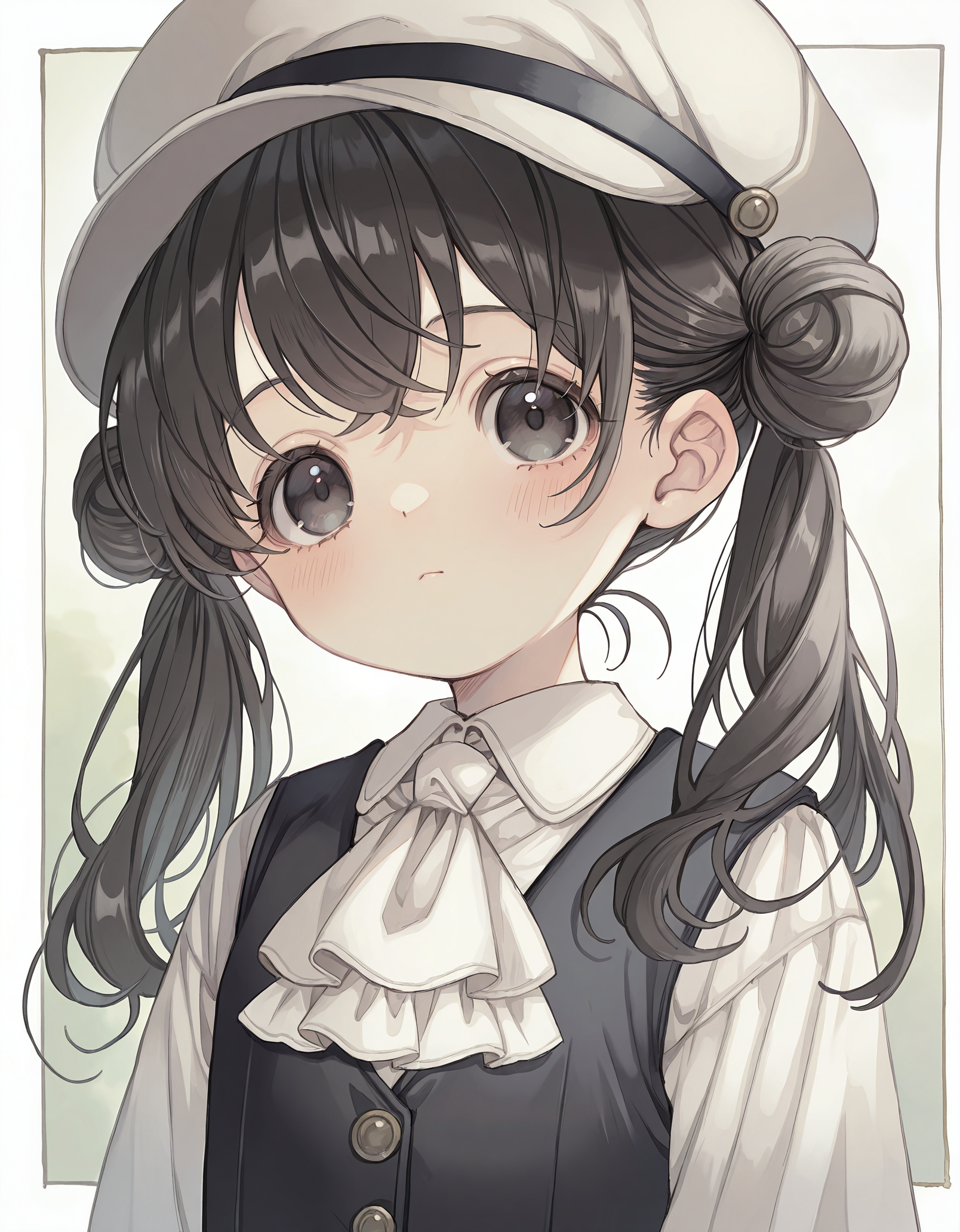 masterpiece,  best quality, newest, highres, absurdres,   <lora:rusetsuksr_style:1>,rusetsuksr_illu,1girl, solo, upper body, looking at viewer, double bun, hair bun, hat, shirt, long hair, twintails, ascot, white shirt, collared shirt, bangs, black eyes, vest, border, closed mouth, blush