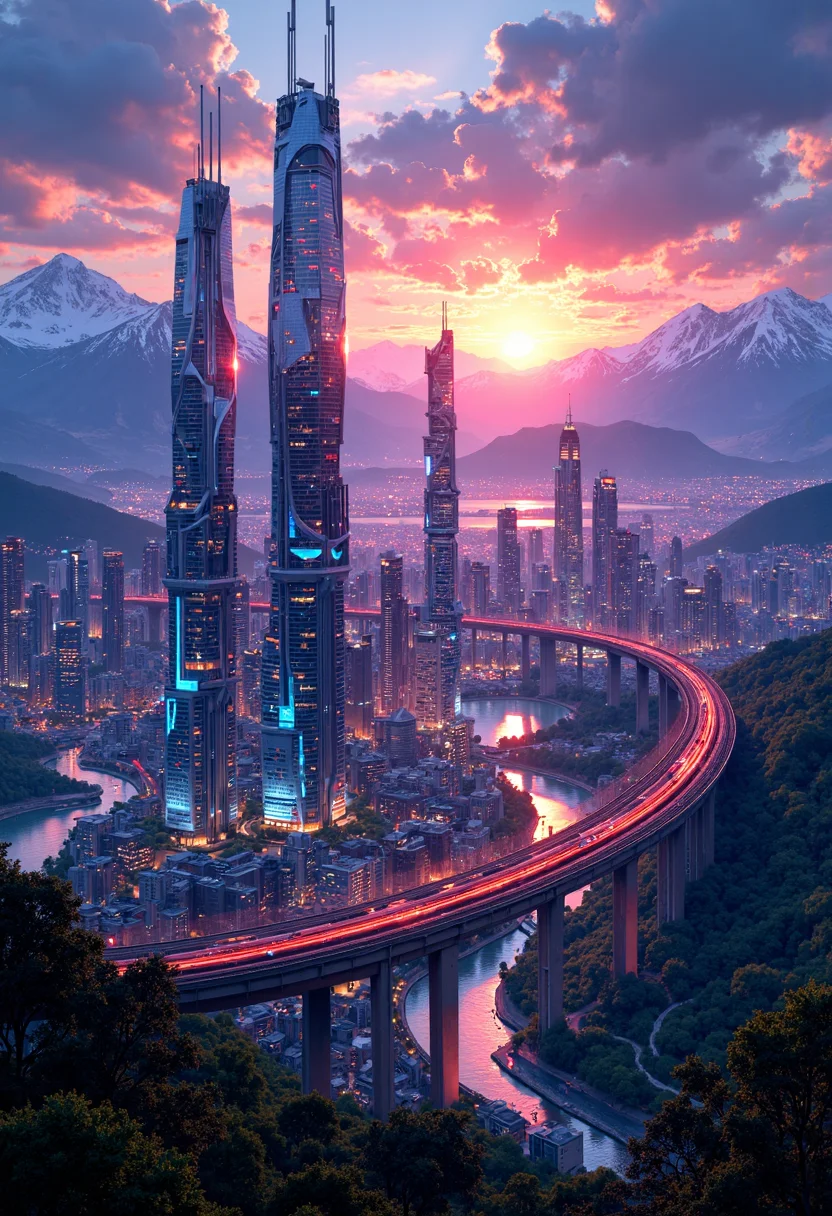 Create a highly detailed,high-resolution image of an awe-inspiring futuristic metropolis at dusk. The cityscape features towering sleek skyscrapers that seem to defy gravity amidst a vibrant neon-lit skyline. A high-speed rail line arcs gracefully over tranquil blue lakes and rolling hills as the sun sets behind majestic snow-capped mountains in the distance,painting the panoramic horizon with warm oranges and pinks.,<lora:FluxMythP0rtr4itStyle:1>,mythp0rt,