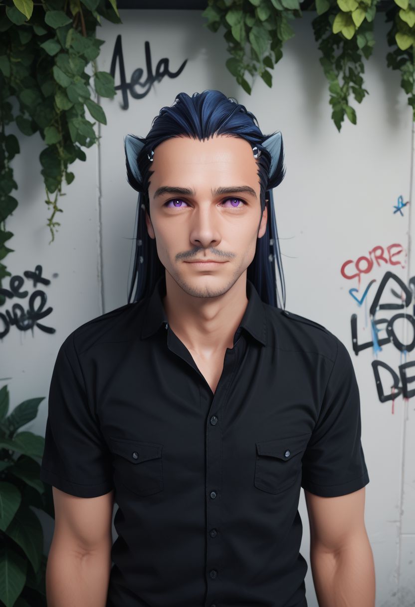 Tobias X'voor, 1boy, male focus, solo, long hair, shirt, blue hair, blue hair, upper body, purple eyes, short sleeves,  black shirt, plant,  graffiti, portrait, PonyXLV6_Scores zPDXL
