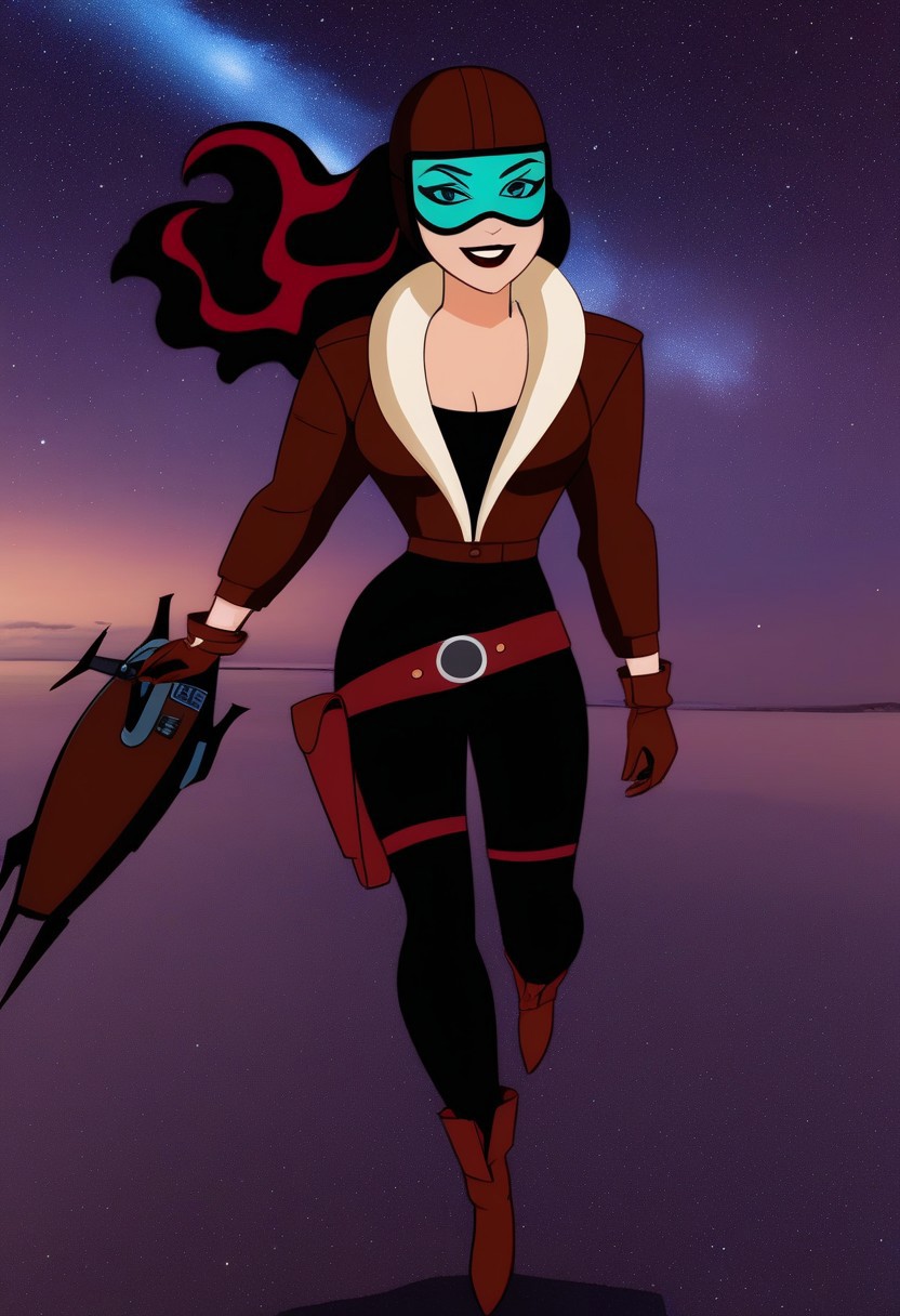 RS0TXTANE, 1girl, solo, dark red hair, long hair, brown aviator cap, turquoise-tinted goggles, dark red lipstick, brown aviator jacket with white fur collar, jacket, black tank top, black pants, belt, holster, brown gloves, brown boots.
 Riding sky80lt.
Dusk, starry sky.
Masterwork.