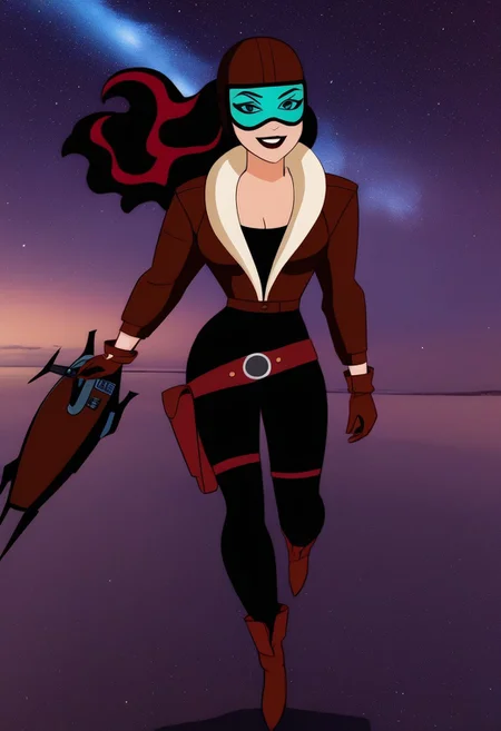 RS0TXTANE, 1girl, solo, dark red hair, long hair, brown aviator cap, turquoise-tinted goggles, dark red lipstick, brown aviator jacket with white fur collar, jacket, black tank top, black pants, belt, holster, brown gloves, brown boots.
Riding sky80lt.
Dusk, starry sky.
Masterwork.