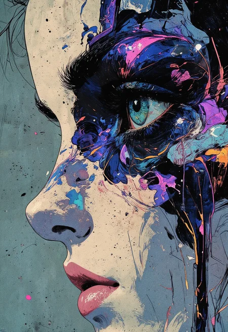 (*highly detailed, digital artwork, close-up, realism, abstract expressionism, vivid colors, dynamic movement*) A close-up of a person's face, focusing on the left eye and part of the nose, while the right side merges into an intricate abstract pattern. The eye is an intense turquoise with intricate details in the iris, pupil, and eyelashes. The nose is realistically textured and shaded, blending seamlessly into the abstract design.  
The abstract pattern consists of deep blue, violet, and silver streaks resembling fluid energy or lightning, with vibrant hues creating a sense of motion. The dark blue and violet tones contrast against the shimmering silver highlights. The background is a cool, desaturated gray, enhancing the prominence of the eye and abstract elements.  
The skin texture is smooth and highly realistic, with fine lines and shadows adding depth. The hair is depicted with delicate, intricate strokes, maintaining a balance between realism and abstraction. The overall composition merges sharp digital precision with expressive, flowing elements, blending realism with abstract energy in a striking, visually compelling image.