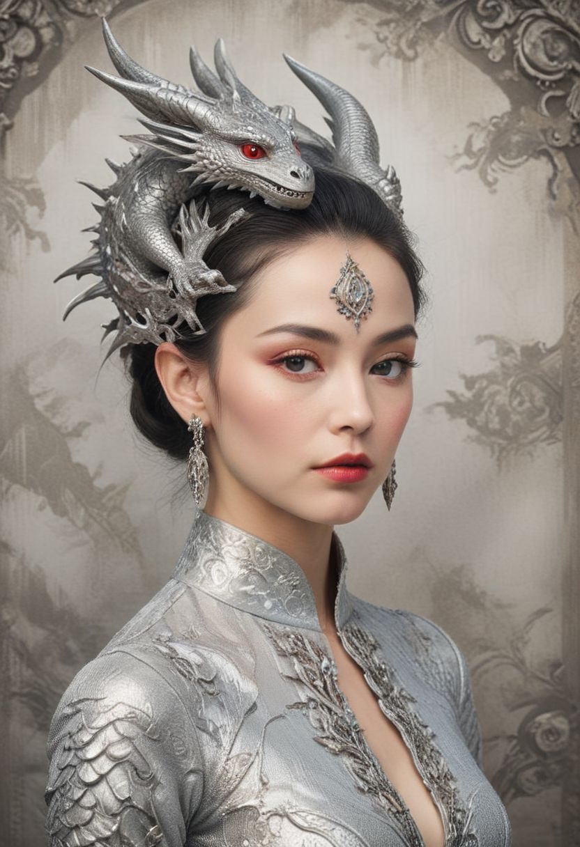 An elegant Asian woman with fair skin and a sophisticated appearance is intimately entwined with a majestic silver dragon. Her poised profile shows soft facial features, dark arched eyebrows, and full red lips. Her raven-black hair transitions into a chic updo at the back with a large, ornate dragon-scale hair accessory that mimics a dragon's head crest. Intricate silver dragon-themed jewelry adorns her ears. She possesses a slender neck and shoulders, exuding grace and strength. The silver dragon is a centerpiece, featuring a plethora of finely detailed scales and multiple serpentine heads with sharp features, reminiscent of ancient Eastern dragon depictions. The dragon's eyes are keen and yellow, with slit pupils, set in fierce, intelligent faces. Its horns and spines carry the same elaborate patterning found in the woman's headdress, indicating a shared affinity. The background is minimalistic, casting focus onto the subjects, and the image carries a color palette dominated by silver, gray, and hints of muted ivory, evoking an ethereal atmosphere. The composition conveys a narrative of unity and power between human and mythical creature, blending reality with fantasy in seamless harmony. English pastoral cottage exterior, twilight, ultra-surreal, Nikon D850, emotional, sublime, dynamic composition, angle view, vintage colors, vintage, ultra-clear, wide angle shot,elegant figure of a ballerina