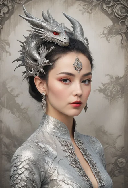 An elegant Asian woman with fair skin and a sophisticated appearance is intimately entwined with a majestic silver dragon. Her poised profile shows soft facial features, dark arched eyebrows, and full red lips. Her raven-black hair transitions into a chic updo at the back with a large, ornate dragon-scale hair accessory that mimics a dragon's head crest. Intricate silver dragon-themed jewelry adorns her ears. She possesses a slender neck and shoulders, exuding grace and strength. The silver dragon is a centerpiece, featuring a plethora of finely detailed scales and multiple serpentine heads with sharp features, reminiscent of ancient Eastern dragon depictions. The dragon's eyes are keen and yellow, with slit pupils, set in fierce, intelligent faces. Its horns and spines carry the same elaborate patterning found in the woman's headdress, indicating a shared affinity. The background is minimalistic, casting focus onto the subjects, and the image carries a color palette dominated by silver, gray, and hints of muted ivory, evoking an ethereal atmosphere. The composition conveys a narrative of unity and power between human and mythical creature, blending reality with fantasy in seamless harmony. English pastoral cottage exterior, twilight, ultra-surreal, Nikon D850, emotional, sublime, dynamic composition, angle view, vintage colors, vintage, ultra-clear, wide angle shot,elegant figure of a ballerina