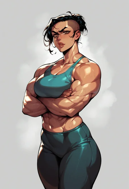 score_9, score_8_up, score_7_up, score_6_up, muscular woman standing looking at viewer, arms crossed, sports bra and leggings <lora:KrekkovLycoXLV2:1>