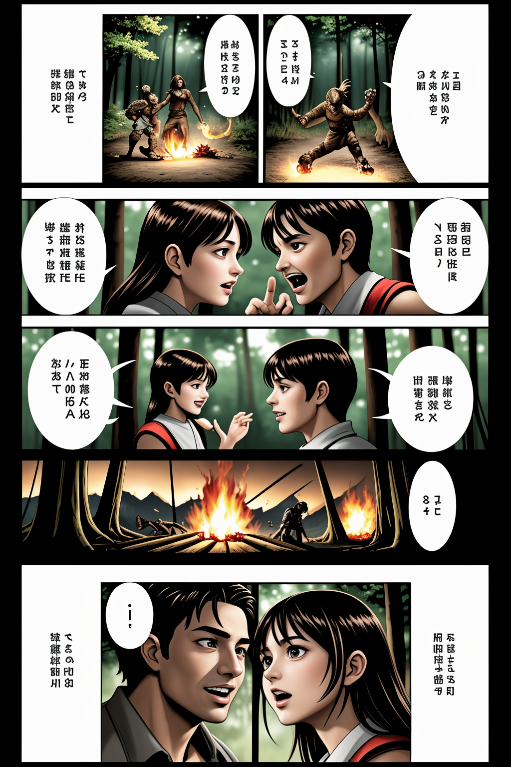 1boy and 1girl, fantasy, attacking monsters, fire, magic, forest
 <lora:MangaGen1:1.25> <lora:mangaC:2.5> manga,frame,speech bubble,color
<lora:LCM_LoRA_Weights_SD15:1>