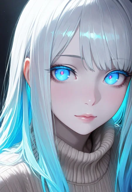 masterpiece,best quality,amazing quality, anime,
1girl, solo, A close-up of a serene anime girl with pale skin, colored sin, white skin, long glossy white hair with bangs, glowing blue eyes with a hypnotic effect, soft warm lighting, wearing a light-colored knitted sweater, mysterious and cozy atmosphere, detailed hair texture, cinematic lighting, dark background, ultra-detailed, 8k resolution