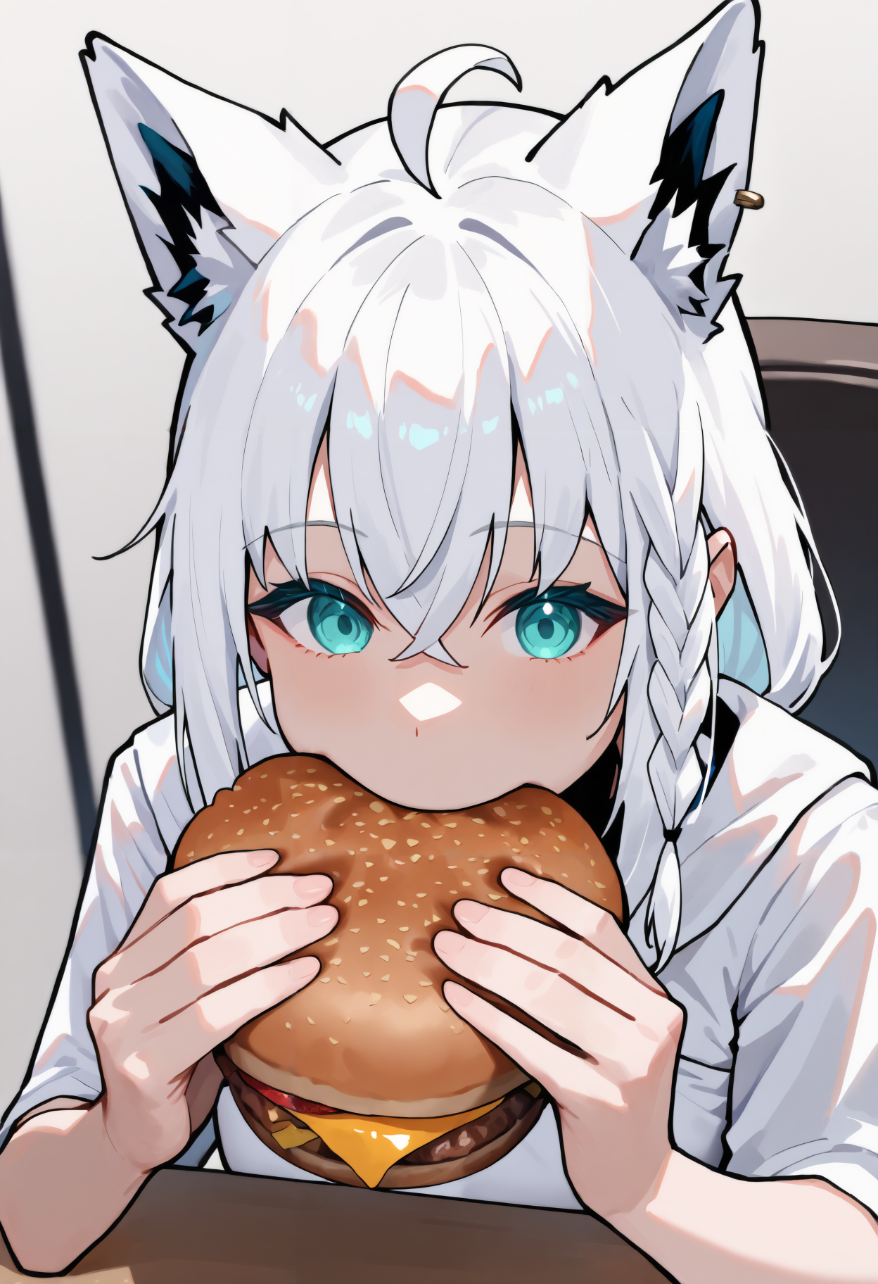 masterpiece, best quality, newest, 1girl, solo, jeiw, holding burger, eating, looking at viewer, upper body, sitting, <lora:Jerma985 Eating A Whopper:1>
shirakami fubuki