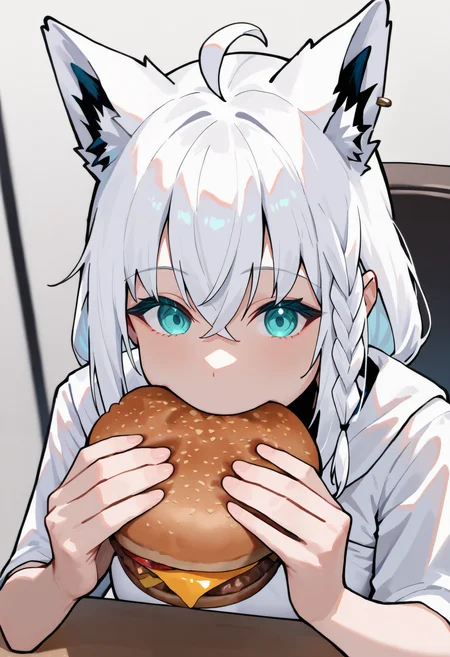 masterpiece, best quality, newest, 1girl, solo, jeiw, holding burger, eating, looking at viewer, upper body, sitting, <lora:Jerma985 Eating A Whopper:1>
shirakami fubuki