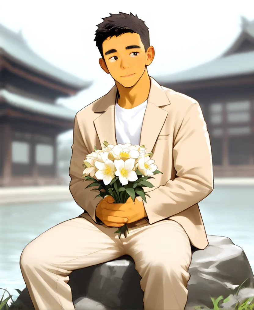 ((source anime)), breeze style, ((anime eyes:1.5, small nose, simple mouth:1.5)), short hair, score_9, score_8_up, score_7_up, Korean, <lora:Expressive_H:1.4>, ((handsome man:1.2, light skin)), (focus male, solo:1.1), masterpiece, best quality, ((1man, 1boy, mature man:1.4)), masterpiece, best quality, amazing quality,
<lora:Breez_Style_Wv5:1>. breeze style, smile,
masterpiece, best quality, amazing quality, 1boy, solo, masterpiece, best quality, young man sitting on a rock, relaxed posture, casual outfit (beige jacket, white t-shirt, beige trousers), short dark hair, holding a small bouquet of flowers, slight smile, looking at the camera, outdoor setting, blurred background with architecture, candid lifestyle photography, shallow depth of field, bright and even lighting, sunny day, volumetric lighting,