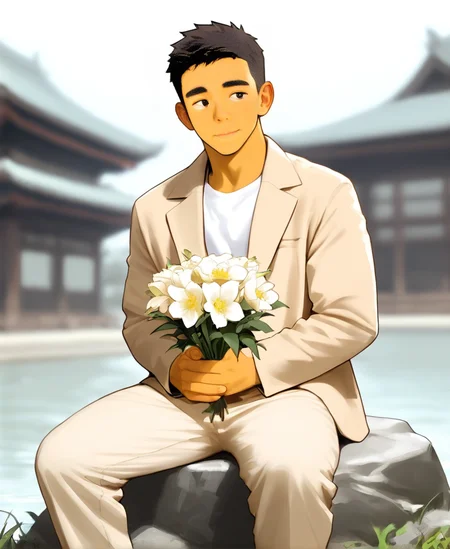 ((source anime)), breeze style, ((anime eyes:1.5, small nose, simple mouth:1.5)), short hair, score_9, score_8_up, score_7_up, Korean, <lora:Expressive_H:1.4>, ((handsome man:1.2, light skin)), (focus male, solo:1.1), masterpiece, best quality, ((1man, 1boy, mature man:1.4)), masterpiece, best quality, amazing quality, 
<lora:Breez_Style_Wv5:1>. breeze style, smile, 
masterpiece, best quality, amazing quality, 1boy, solo, masterpiece, best quality, young man sitting on a rock, relaxed posture, casual outfit (beige jacket, white t-shirt, beige trousers), short dark hair, holding a small bouquet of flowers, slight smile, looking at the camera, outdoor setting, blurred background with architecture, candid lifestyle photography, shallow depth of field, bright and even lighting, sunny day, volumetric lighting,