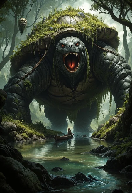 dark fantasy and eerie scene at sunset, A colossal turtle with walking in a shallow swamp. On its shell grows an intricate rain forest, moss cascades from the shell on its sides. in the swamp, a little boat with a boy that is looking the turtle in awe, the turtla has the mouth open and are looking the boy.
mystical touch, dread atmosphere, sense of suspense and wonder, view from above,
(score_9, score_8_up:1.1), score_7_up, (reflective volumetric), raytracing, absurdres, dark, low-key, df_style, ArsMJStyle, dnddarkestfantasy
