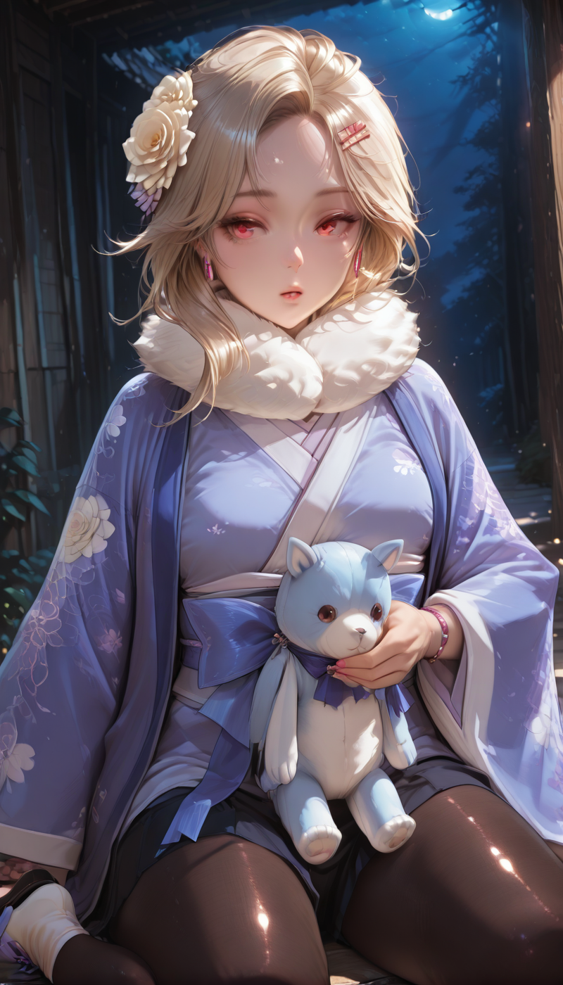 <lora:LCMTurboMix_Euler_A_fix:1> <lora:example_SDXL:0.3>, EZRealPONYXL, <lora:Dramatic Lighting Slider:3><lora:realistic filter [IL]:1>
DSLR,realistic,cosplay photo, (very awa,masterpiece,best quality,year 2024,newest,absurdres,highres:1), realistic,skin texture,facial features, photography shot with Canon EOS 5D Mark IV , realistic, RAW, best quality, masterpiece, amazing quality, skin details,
1girl, highly detailed beautiful face, large natural breasts,
detailed background, shiny skin, dutch angle, night, moonlight,
beautiful detailed eyes, intricate details, absurdres, anime screencap,
 <lora:Ein_NIKKE_ILXL_kill0825:1>
NikkeEin, blonde hair, hair ornament, red eyes, jewelry, earrings, parted lips, hairclip, medium hair, parted bangs, piercing, light brown hair, ear piercing, gyaru, 
skirt, long sleeves, hair ornament, holding, bow, jewelry, flower, pantyhose, shorts, japanese clothes, socks, black skirt, hair flower, wide sleeves, kimono, nail polish, bracelet, black pantyhose, sash, blue bow, rose, black shorts, white socks, sandals, floral print, obi, stuffed toy, white flower, stuffed animal, pom pom (clothes), pink nails, fur collar, asymmetrical hair, white kimono, blue kimono, white scarf, tabi,  haori, white rose, holding stuffed toy, zouri, pom pom hair ornament, fur scarf, blue sash, fur-trimmed kimono, jacket, scarf, 
dynamic pose, cowboy shot, wariza,