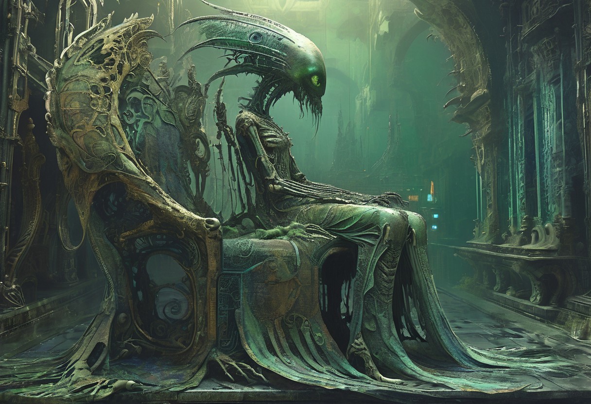 a multifaceted cybernetic female alien creature, seated in the command chair of a non-euclidean ship, gray and green metals, unusual textures and geometry, spindly wing bones extended from her back, in the background fluorescent blue liquid in pipes and tubes, fenliexl