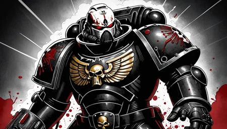 (digital illustration), Space Marine from the Black Templar Chapter, [black|white] Power Armor, upper body, portrait, dynamic composition, centered, comic book \(style\), bold lines, dramatic shading, red splashes, line art, limited color palette, extremely detailed, grimdark, warhammer 40k
 <lora:Astartes-000007:1>