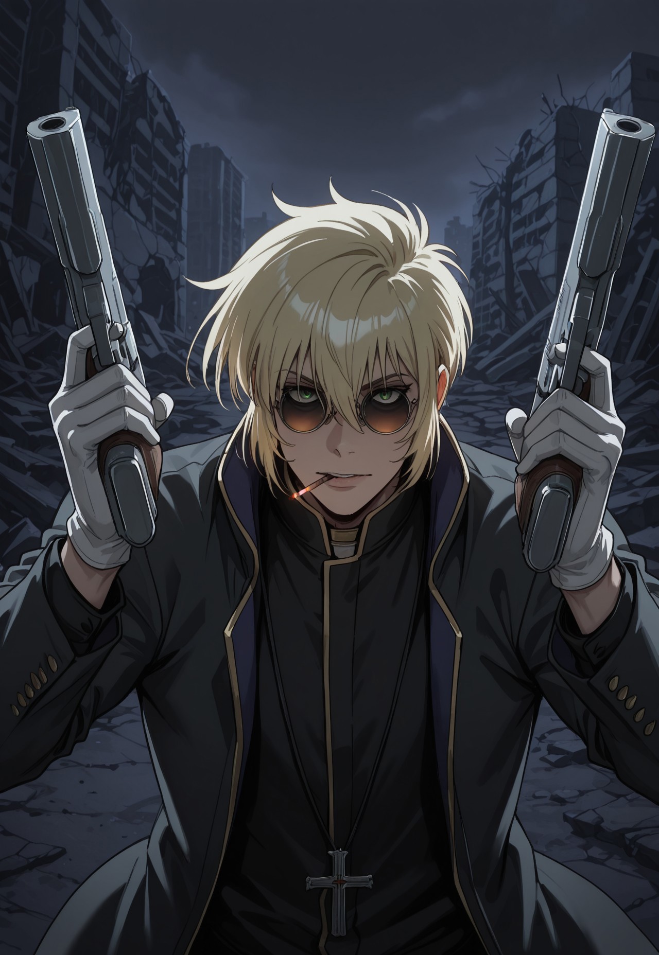 masterpiece, best quality, amazing quality, very aesthetic, absurdres, HeinkelWolfe, 1girl, blonde hair, short hair, green eyes, tinted eyewear, grey overcoat, black sleeveless jacket, cross encklace, white gloves, holding weapon, handgun, holding gun, dual wielding, hands up, perspective, mouth hold, cigarette, outdoors, night, dark, ruins, upper body