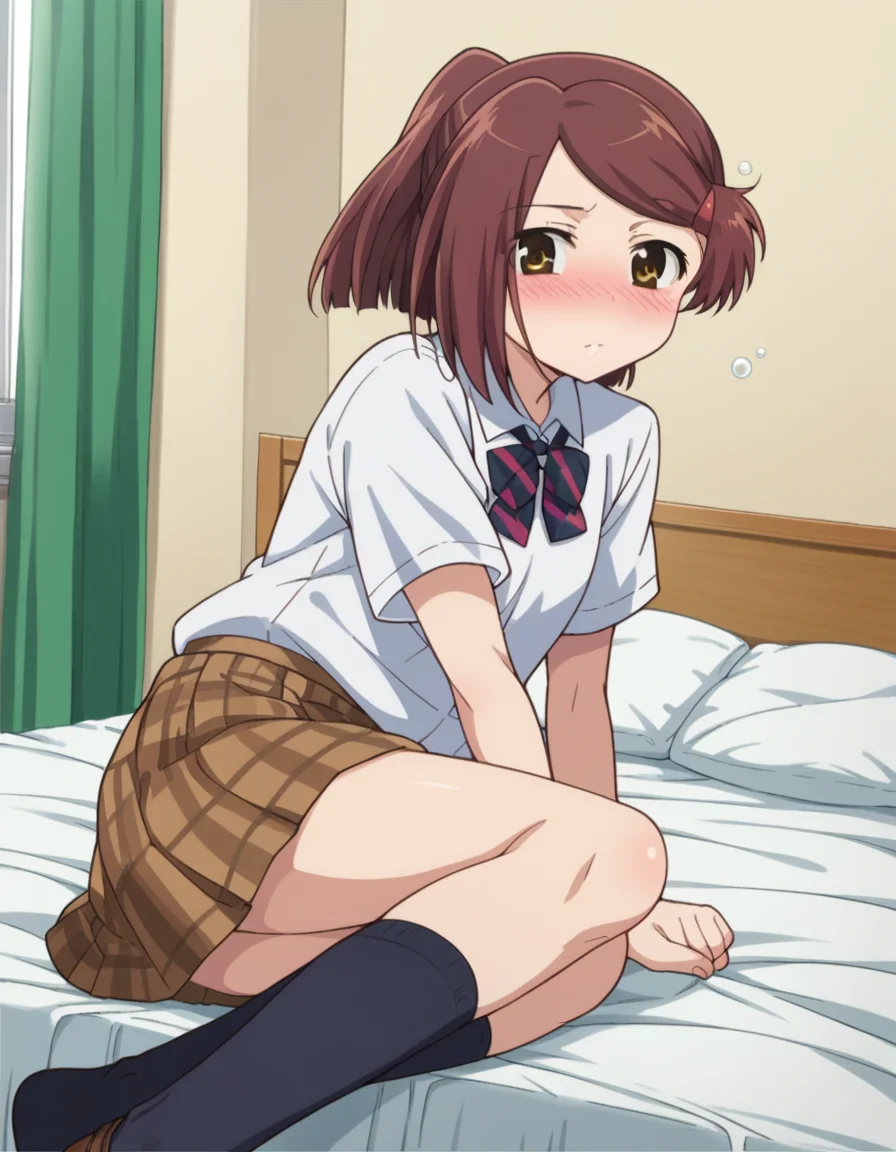 score_9, score_8_up, score_7_up, source_anime,
akosuminoe, <lora:ako-suminoe-ova-ponyxl-lora-nochekaiser:1>,
ako suminoe, short hair, brown hair, hair ornament, brown eyes, ponytail, hairclip,
skirt, shirt, school uniform, white shirt, socks, plaid, kneehighs, plaid skirt,
indoors, bed, bed room, on side, blush, drunk,
looking at viewer, dutch angle, cowboy shot,