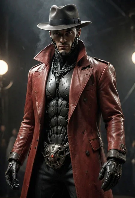 super closeup portrait, Amidst the smoky haze of the 1940s noir, Create a compelling narrative for a photo featuring a 1940s American mafia cyborg boxer with red boxing gloves adorned in a broad coat and hat, making his entrance to the boxing ring amidst a dazzling display of camera flashes. Explore the fusion of classic mafia aesthetics with advanced cyborg technology as his arms are intricately augmented. Describe the atmosphere, emotions, and the significance of this unique character in this electrifying moment.
very detailed, raw photo, photorealistic