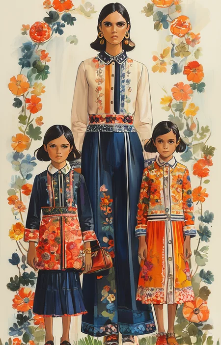 masterpiece,best quality,<lora:tbh317-sdxl:0.9>,illustration,style of Tory Burch portrait of family