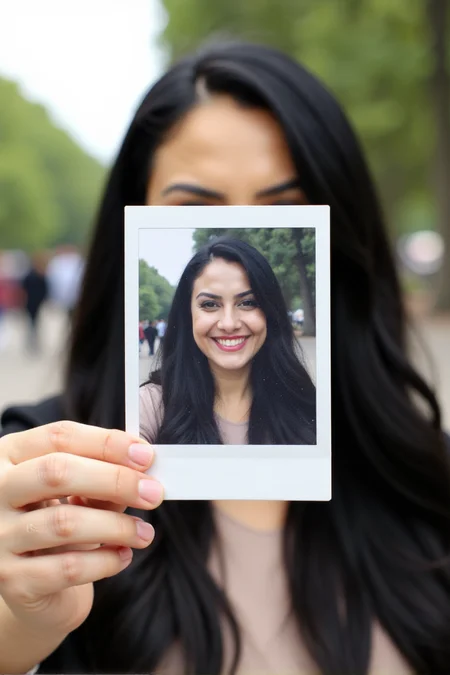 A woman, Ezada, is holding a Polaroid photo of herself in front of her face. The background of the image is blurred, showing a park or outdoor setting with trees and people in the distance. The focus is on the Polaroid, creating a visual contrast between the sharp, happy image in the photo and the blurred, real-life background behind it.<lora:Mistress_Ezada_Sinn:1>âââ