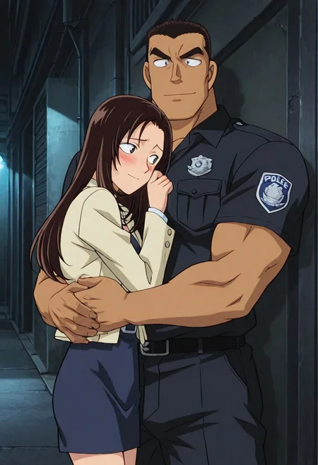 Anime, quality,high quality,masterpiece,extremely detailed,correct anatomy,best aesthetic, detailed face, (EyesHD), (duo), outdoor, narrow city alley, dark, at night, (1man, man taller male, man large pectorals, man muscular body, man crew cut, solid pupils:1.5, man black short hair, Date Wataru, man dark navy police uniform, man dark navy police shirt, dark navy pants, man soft smile face, man hugging, man tanned skin, man looking at girl), BREAK, (1girl, nastumi01, girl long hair, girl brown hair, girl light yellow jacket, girl blue pencil skirt, girl blue dress, girl blush, girl shy face, girl pretty face, girl slender body)